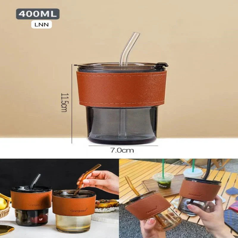 450ML Gorgous Double Drinking Glass Cup With Glass Straw