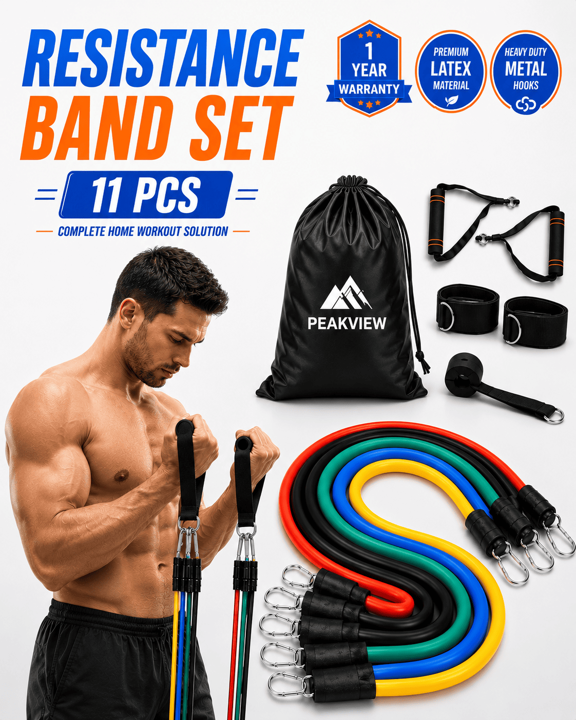Home Gym (11 Pcs) Resistance Bands Set - 1 Year Warranty