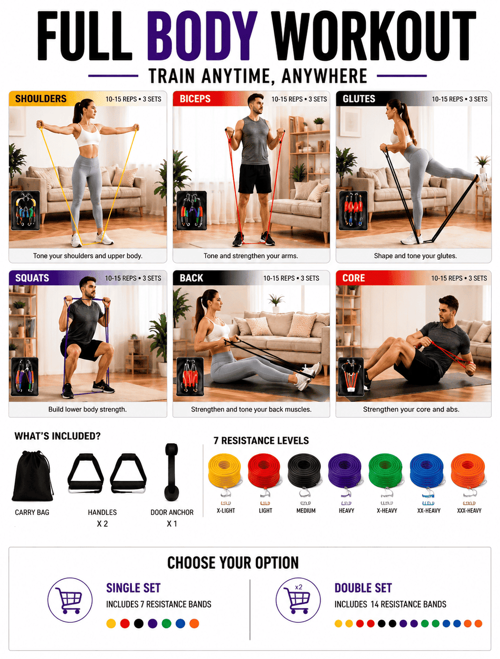 Home Gym (11 Pcs) Resistance Bands Set - 1 Year Warranty
