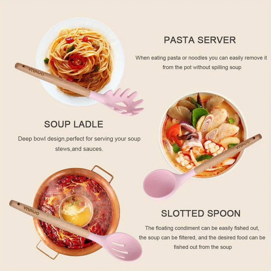 12pcs Non-Stick Silicone Kitchen Utensil Set with Wooden Handles